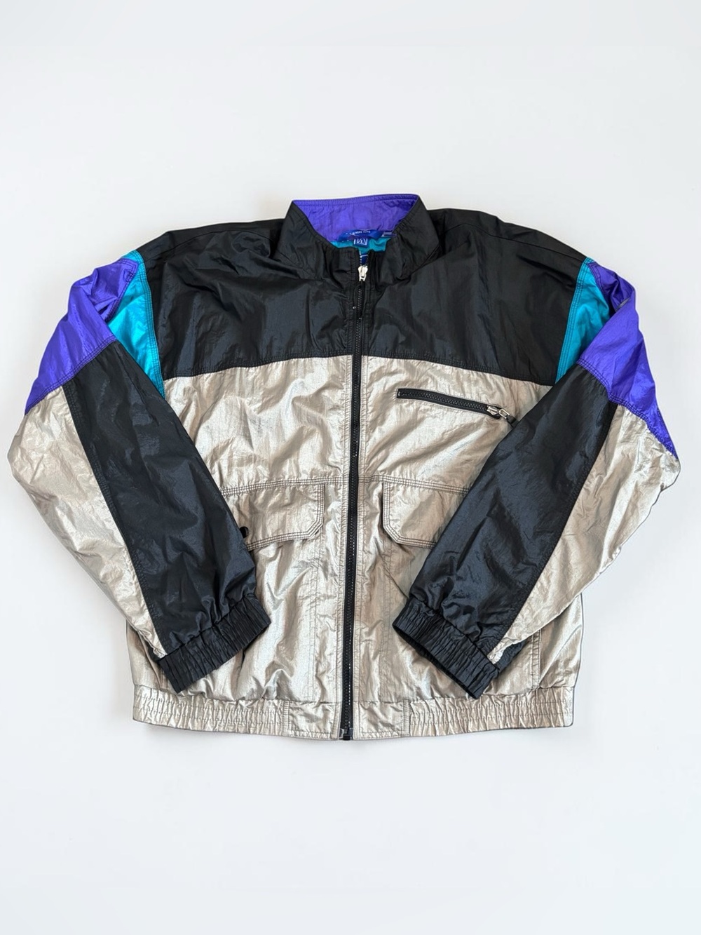 Vintage Tail Colorblock Windbreaker Jacket Mens Large Black Teal Purple Full Zip